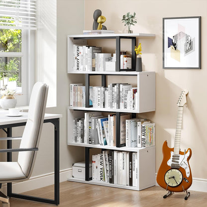 Modern Cream White 5-Tier S-Shaped Z-Shelf Bookshelf: Freestanding Multifunctional Decorative Storage Shelving for Living Room Home Office
