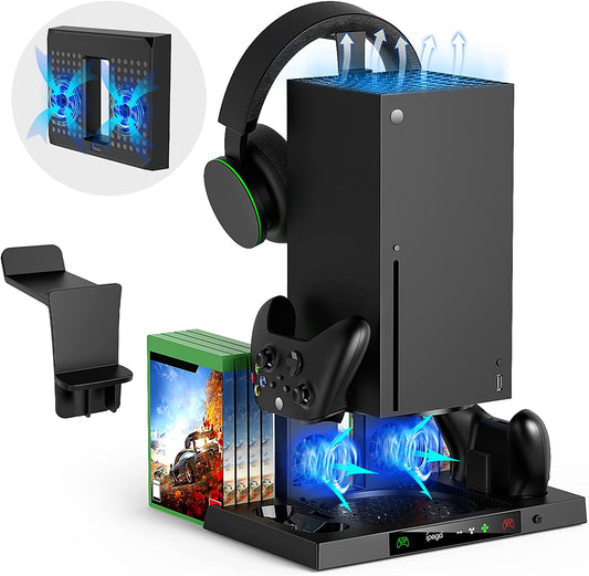 Vertical Cooling Stand and Controller Charger Station for Xbox Series X - Dual Suction Cooler Fan System, 8 Game Storage Organizer, and Headset Hanger Included