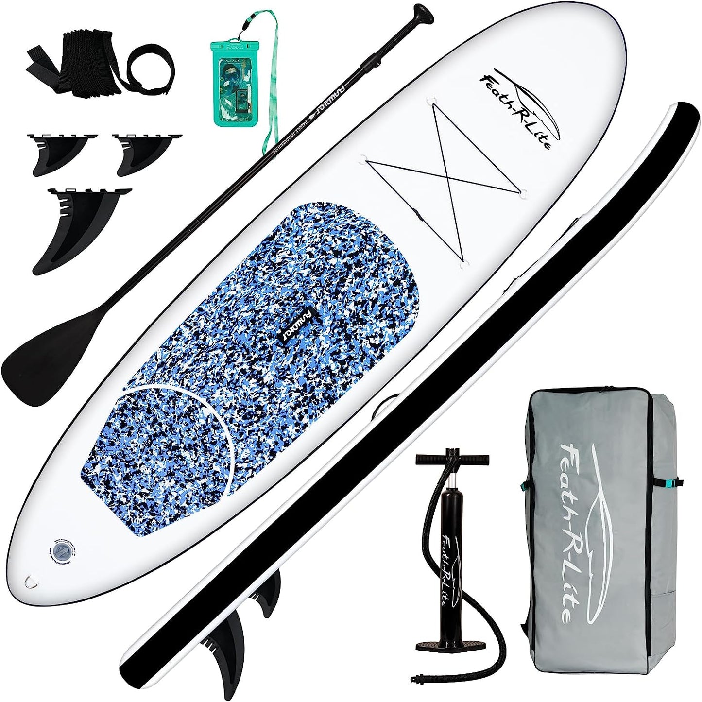  10'X30''X6'' Ultra-Light Inflatable Stand up Paddle Board with Complete Accessories Set: Paddleboard, Three Fins, Adjustable Paddle, Pump, Backpack, Leash, and Waterproof Phone Bag