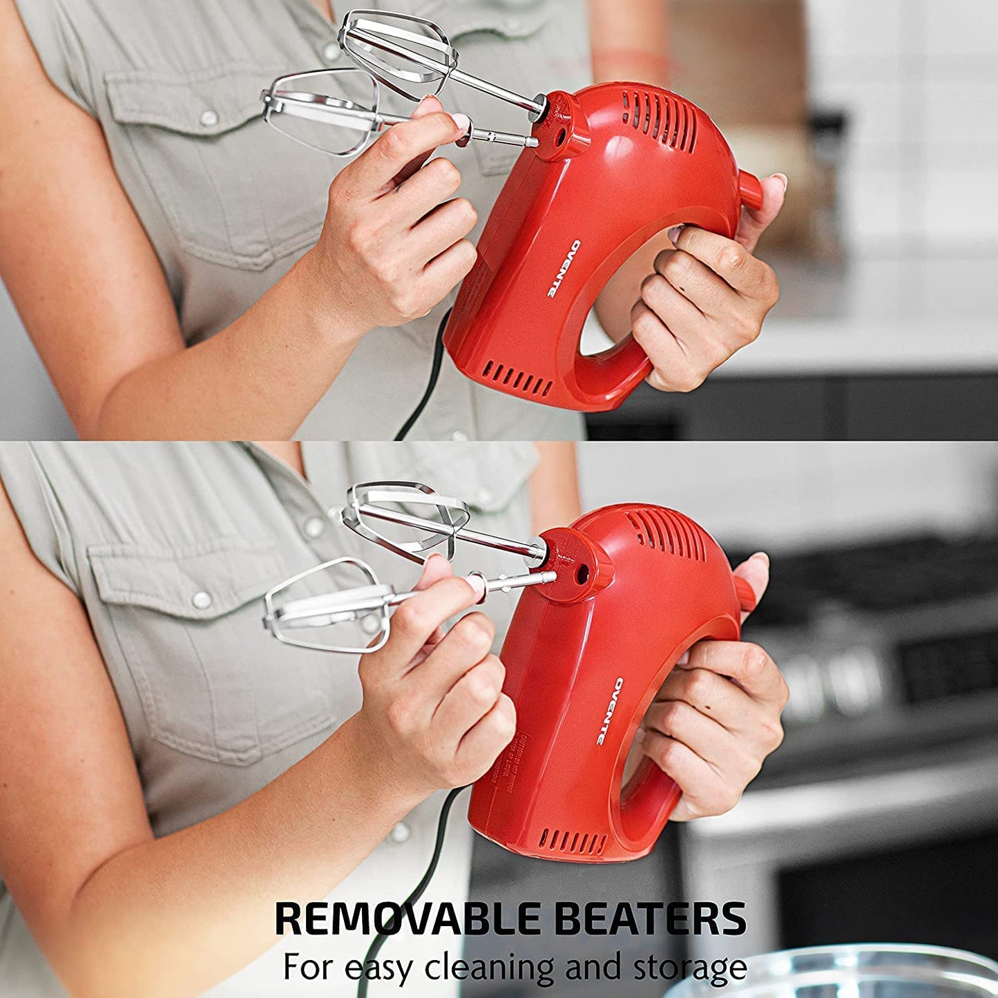 Compact and Powerful Electric Hand Mixer with Stainless Steel Whisk Beater Attachments, Snap Storage Case, and 5 Speed Mixing Functionality 150 Watt, Red