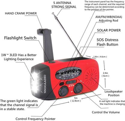 2000mAh Portable Emergency Weather Radio with SOS Alarm, Hand Crank and Solar Battery Charging, NOAA AM/FM, Cell Phone Charger & Survival Kit 