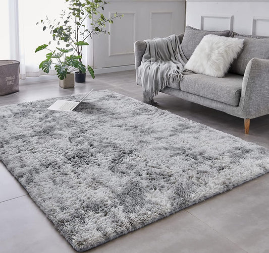 Premium 8 X 10 Feet Shag Area Rug, Super Soft Indoor Modern Nursery Carpet, Luxurious Tie-Dyed Light Grey Plush Shaggy Throw Rug for Children's Rooms and Living Areas