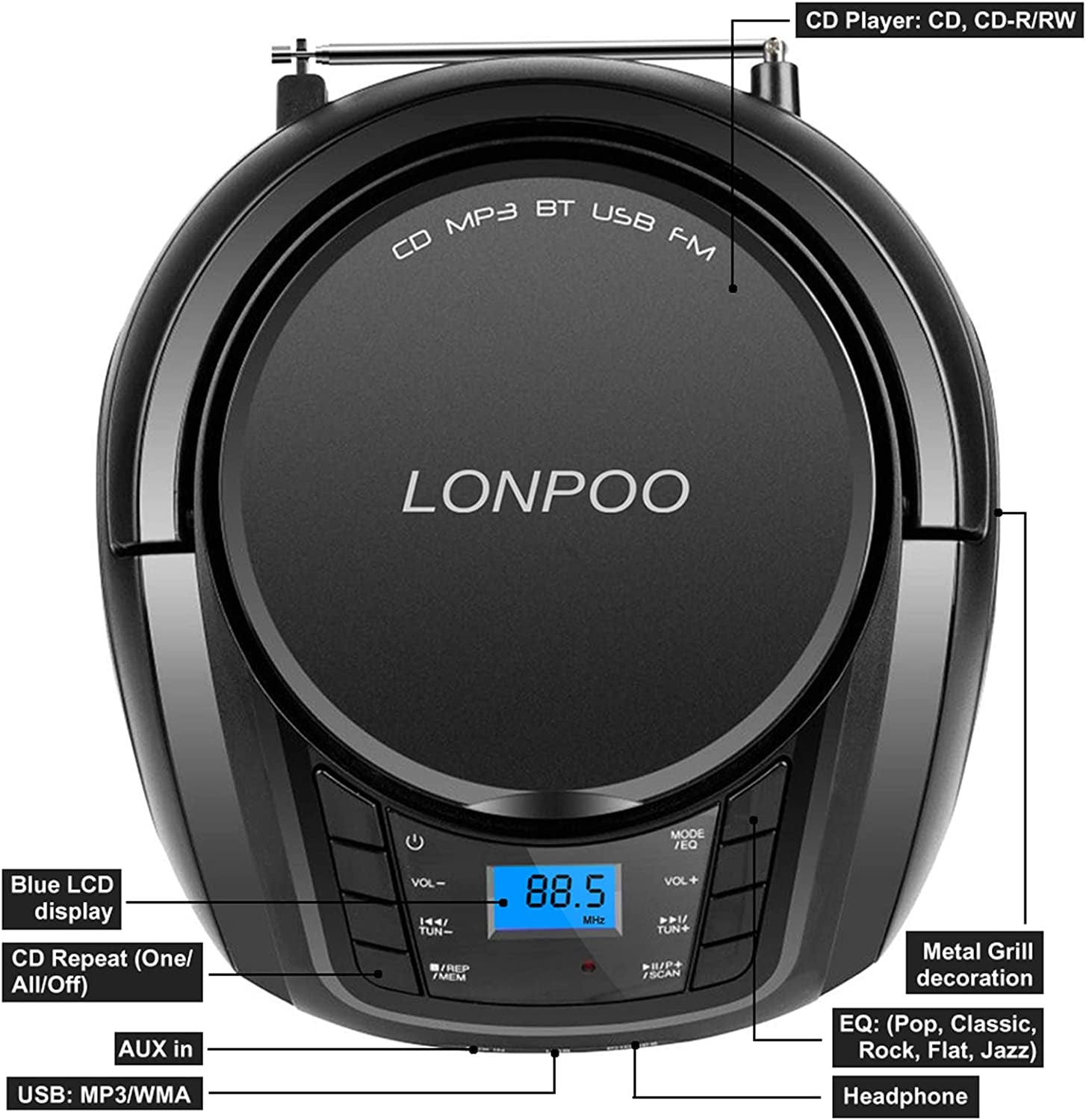 Portable Boombox Compact Disc Player with FM Radio, USB, Bluetooth, Aux Input, and Earphone Jack Output, Stereo Sound Speaker & Audio Player 
