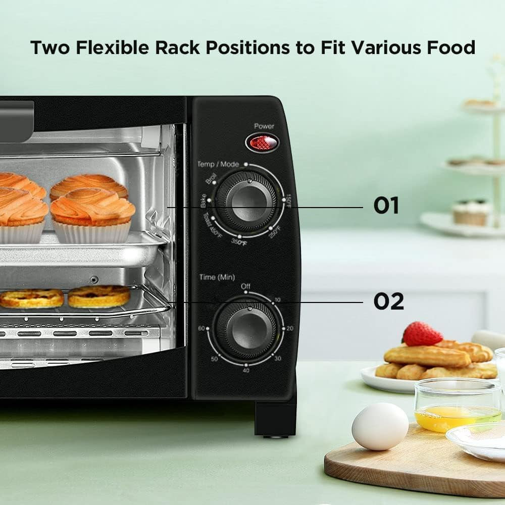 Compact Retro Toaster Oven with 4-Slice Capacity, Multi-Functionality, 30-Minute Timer, Bake, Broil, and Toast Options, 1000 Watts, 2-Rack Capacity, Black