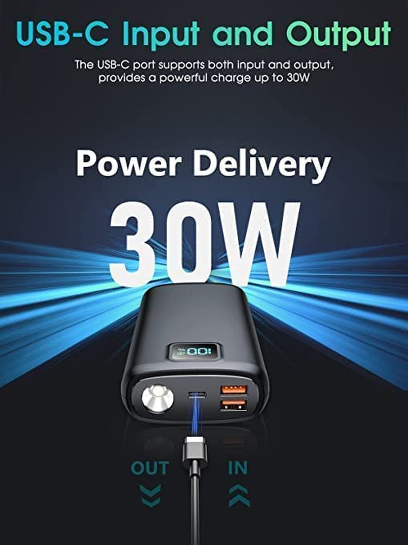 40000mAh Portable Charger Power Bank with PD 30W & QC 4.0 Quick Charging, LED Display, Bright Flashlight - Carbon Black