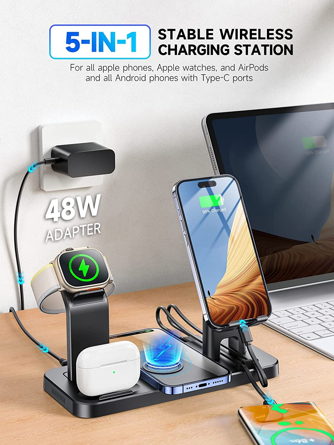  48W 5-in-1 Fast Wireless Charger Compatible with iPhone, AirPods, and Apple Watch - (Black)