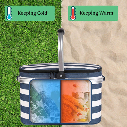 Portable and Collapsible Insulated Picnicking Basket Shopping Cooler Bag - Blue and White Stripe Design