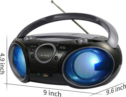 Portable CD Boombox with Bluetooth, USB, MP3 Player, AM/FM Radio, AUX Input, Headset Jack, and LED Backlit Display (Phantom Black)