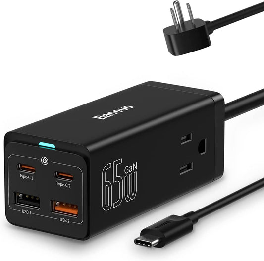 USB C Charger  Powercombo 65W USB C Charging Station with 2 Outlets Extender, Fast Charging, USB C Wall Charger Compatible with Macbook Laptops Iphone Samsung Ipad (100W Type C Cable Included)