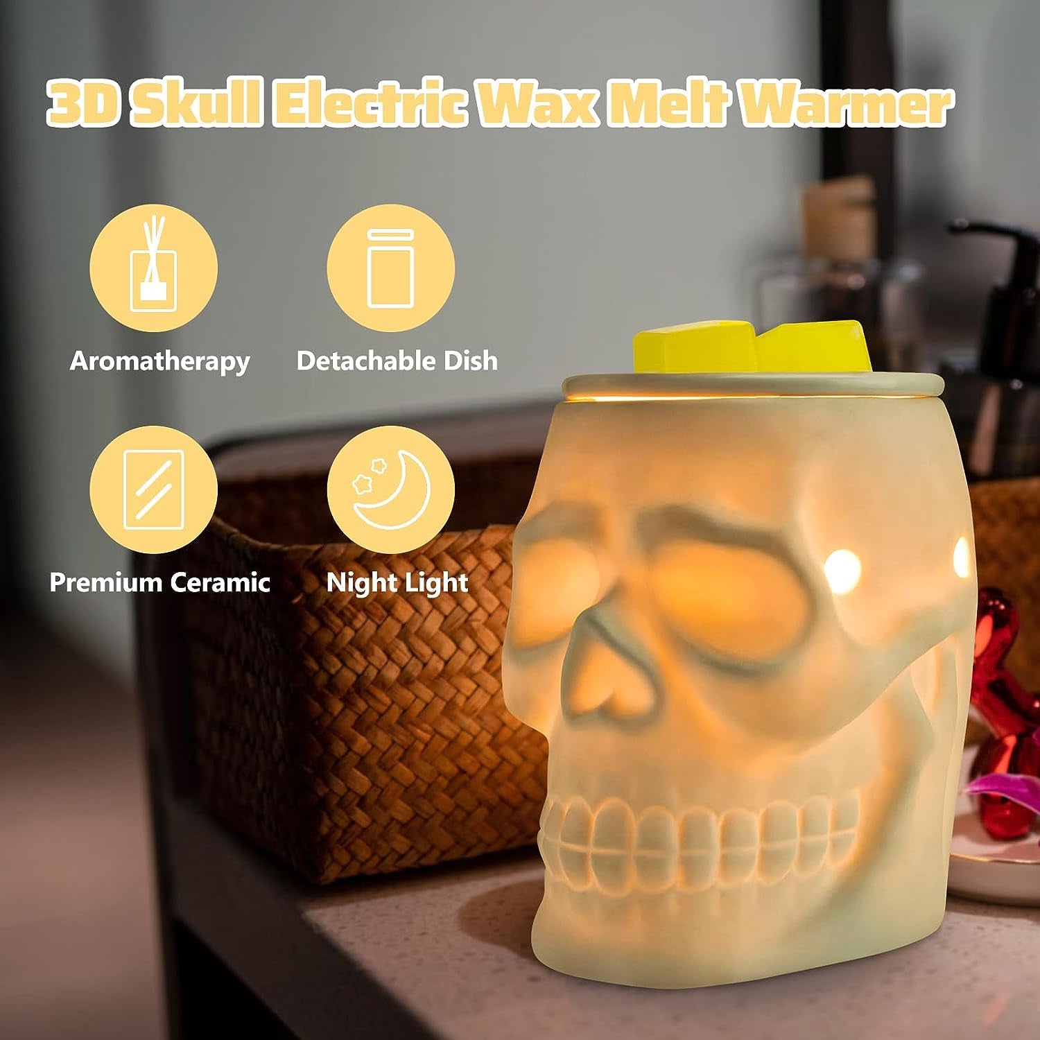 Resurgent Skull Ceramic Electric Wax Melt Warmer - Home Fragrance Oil Diffuser for Home Decor, Office, and Living Room, Ideal Gifts, Includes Two Bulbs