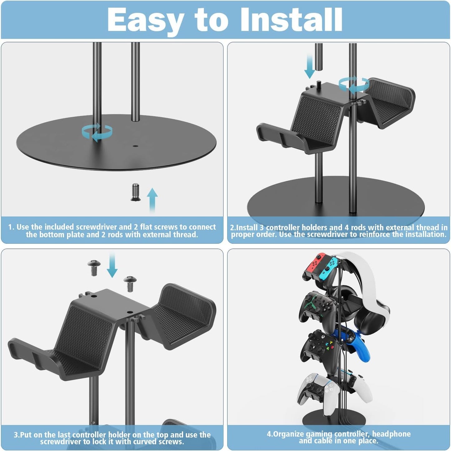4-Tier Controller Stand with Cable Organizer for Desk - Universal Display Stand for Xbox, PS5, PS4, Nintendo Switch - Includes Headset Holder and Desk Mounts for 8 Controllers