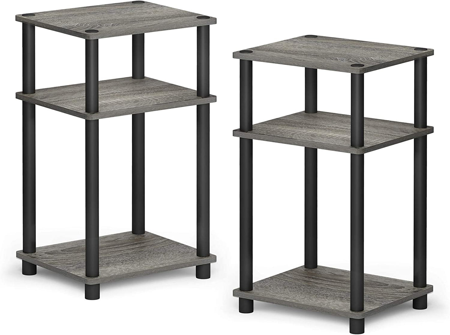 Just 3-Tier Turn-N-Tube End Table / Side Table / Night Stand / Bedside Table with Plastic Poles, 2-Pack, French Oak Grey/Black
