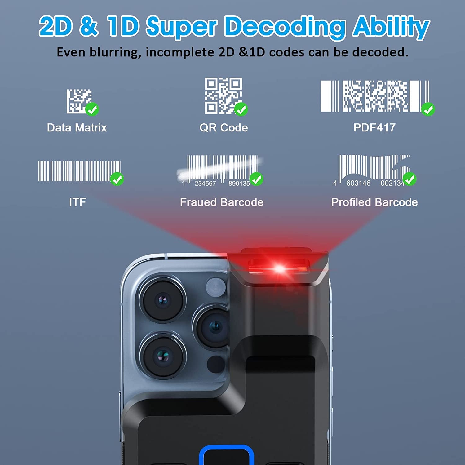 Upgraded Bluetooth 2D Barcode Scanner with 1D/2D QR Code Scanning, Wireless and Portable, Back Clip Barcode Reader for iOS and Android Smartphones