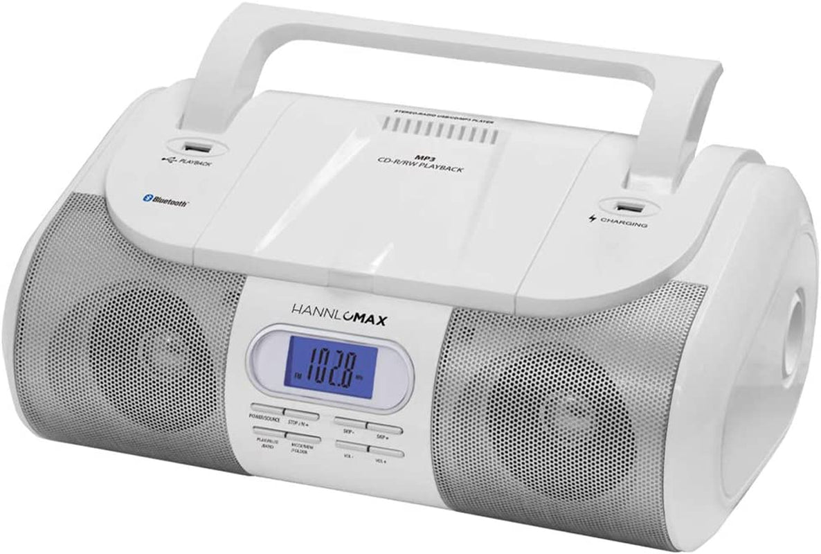 Portable CD/MP3/USB Boombox, FM PLL Radio, Bluetooth, 1 USB Port for MP3 Playback, 1 USB Port for 1A Charging, Aux-In Jack, Headphone Jack, AC/DC Dual Power Source (White)
