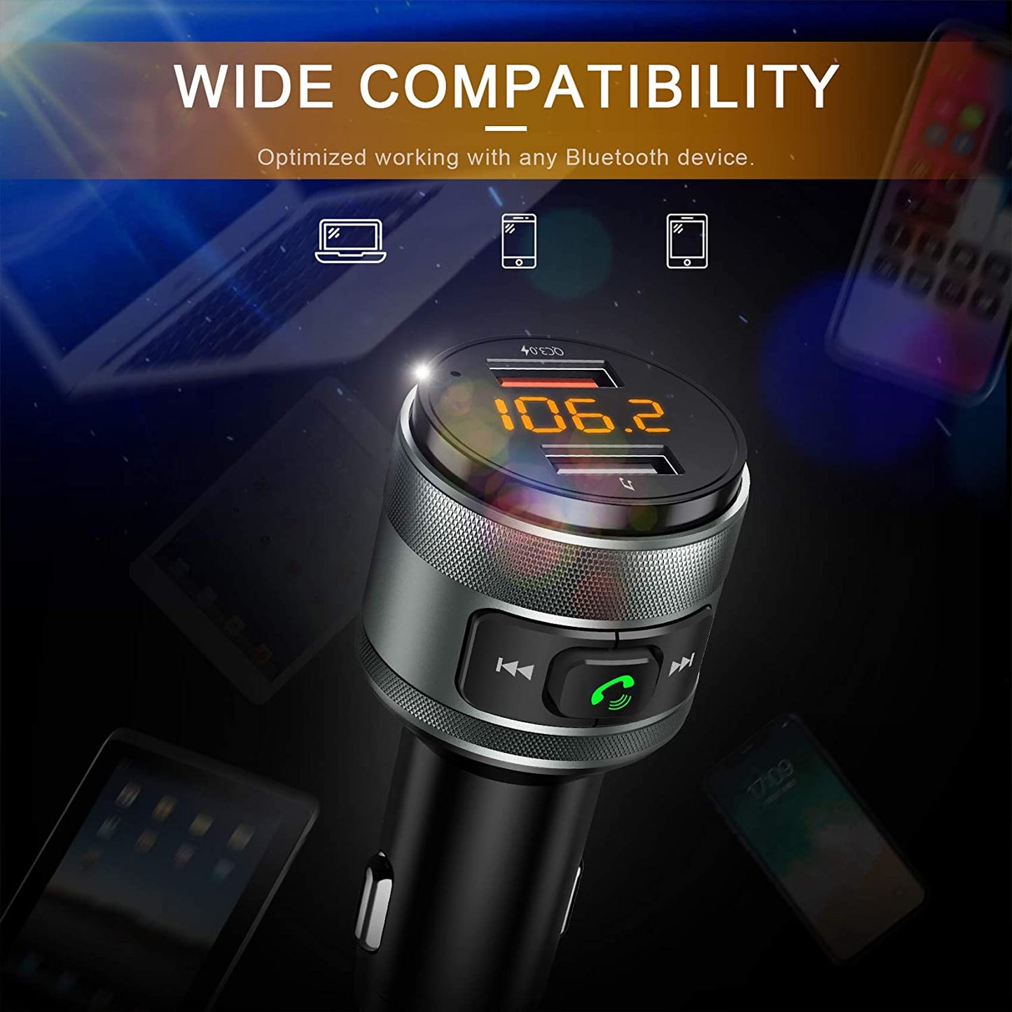 Wireless Bluetooth 5.0 FM Transmitter for Car with Hands-Free Calling, Music Player, and Dual USB Ports Charger