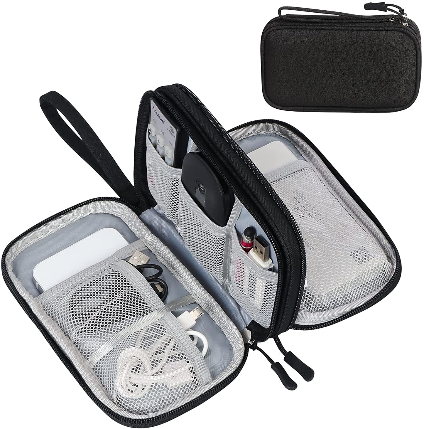 Portable Waterproof Travel Cable Organizer Pouch - Double Layer Electronic Accessories Carry Case for Cord, Charger, Phone, and Earphone Storage - Black