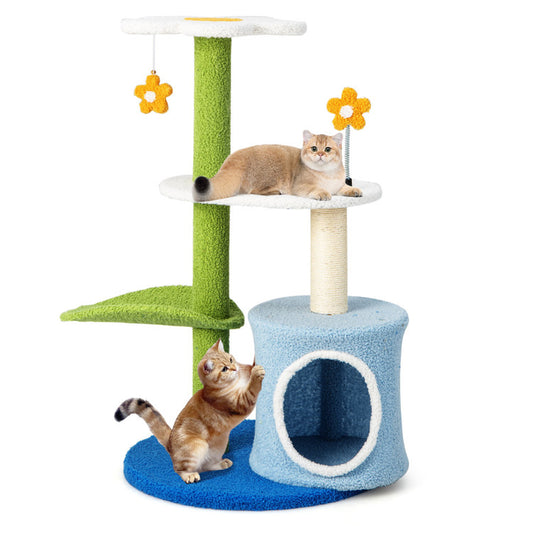 "34.5 Inch 4-Tier Feline Tree with Interactive Balls and Enclosed Space"