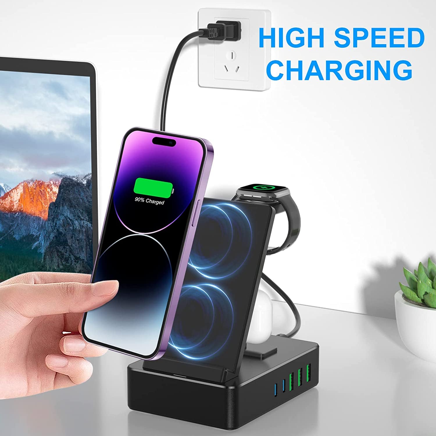  8-in-1 Charging Station: 100W Wireless Charging and 20W USB C 2-Port Apple-Compatible Docking Station for Multiple Devices - iPhone Series, Apple Watch, AirPods Pro