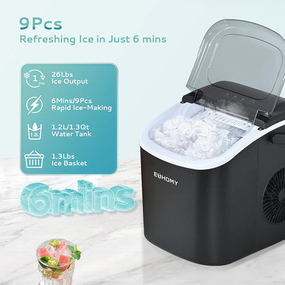Portable Countertop Ice Maker Machine - 26lbs in 24 Hours, 9 Ice Cubes Ready in 6 Minutes, with Handle, Auto-Cleaning, Includes Basket and Scoop - Ideal for Home, Kitchen, Camping, RV - Black