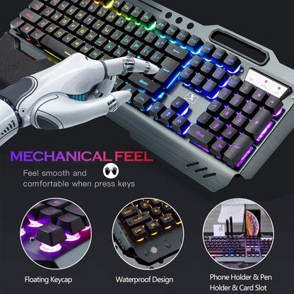 Rechargeable Wireless Gaming Keyboard and Mouse Set with RGB Backlight, Long-lasting Battery, Metal Panel, Detachable Hand Rest, Mechanical Feel Keyboard, 7 Color 