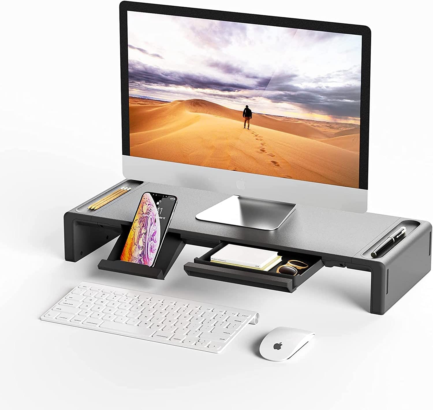 Foldable Monitor Stand Riser with Adjustable Height, Storage Drawer, Pen Slot, Phone Stand for Computer, Desktop, Laptop, Space-Saving Design