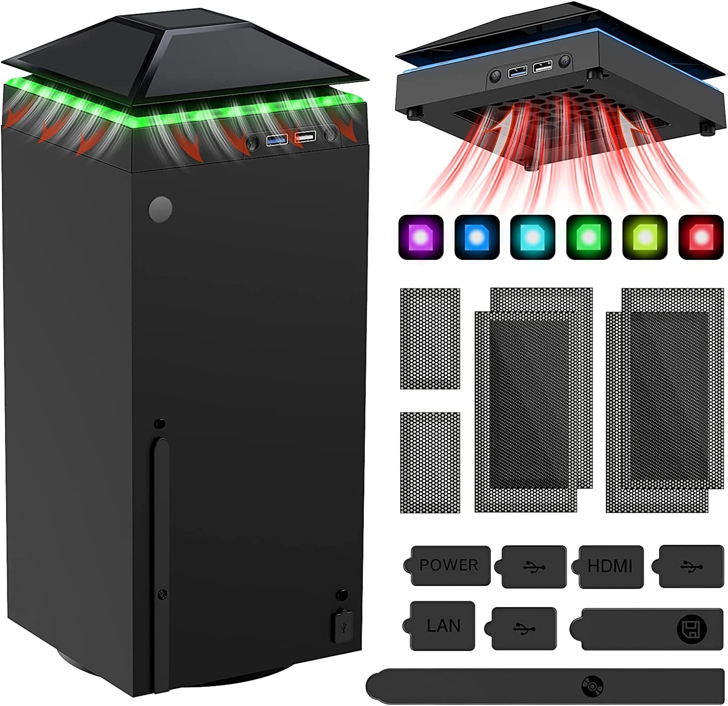 Cooling Fan with Dust Proof Design for Xbox Series X Console - Includes Colorful Light Strip, Dust Cover Filter, Rubber Dust Plugs, Low Noise Top Fan and 2 USB Ports