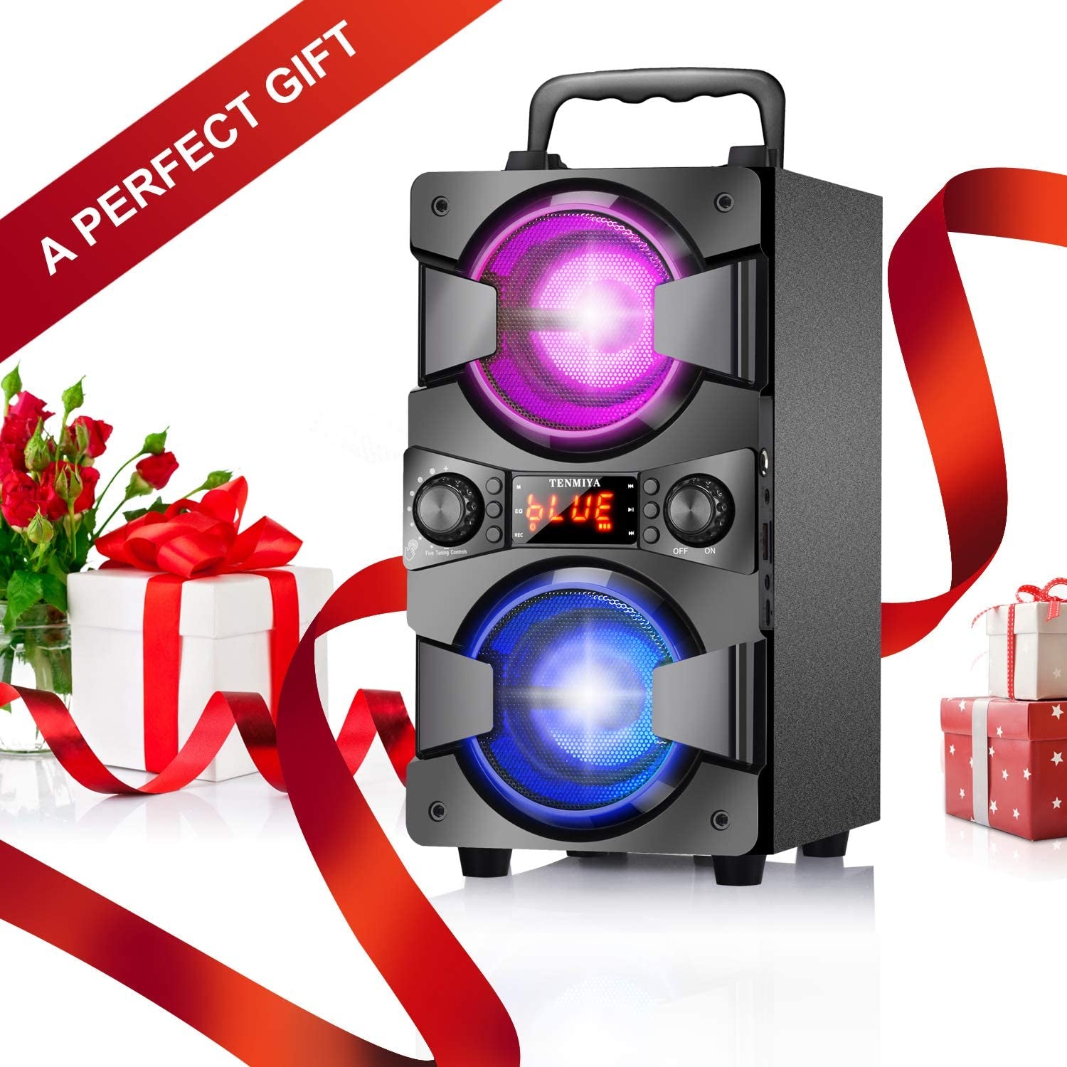 High-Quality 60W Portable Bluetooth Speaker with Dual Subwoofer for Enhanced Bass, FM Radio, Built-in Microphone, LED Lights, Remote Control, EQ, and Immersive Stereo Sound System - Perfect for Home, Outdoor Parties, and Camping (Includes 1 Microphone)