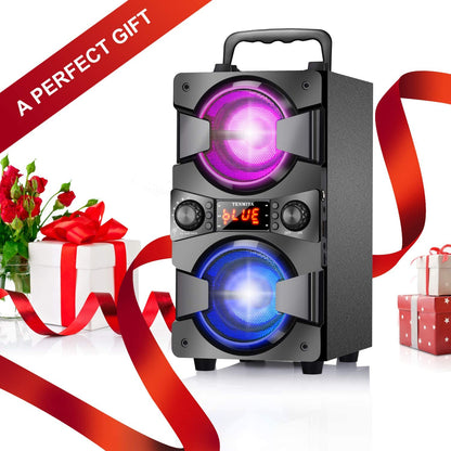 High-Quality 60W Portable Bluetooth Speaker with Dual Subwoofer for Enhanced Bass, FM Radio, Built-in Microphone, LED Lights, Remote Control, EQ, and Immersive Stereo Sound System - Perfect for Home, Outdoor Parties, and Camping (Includes 1 Microphone)