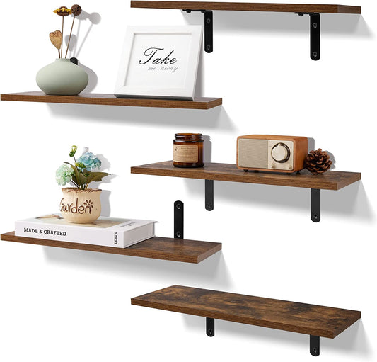 Dark Brown Wall Mounted Floating Shelves - Set of 5 Sturdy Wood Shelves for Elegant Wall Decor and Efficient Storage in Bedroom, Living Room, Bathroom, Kitchen, Corner, and Book Display