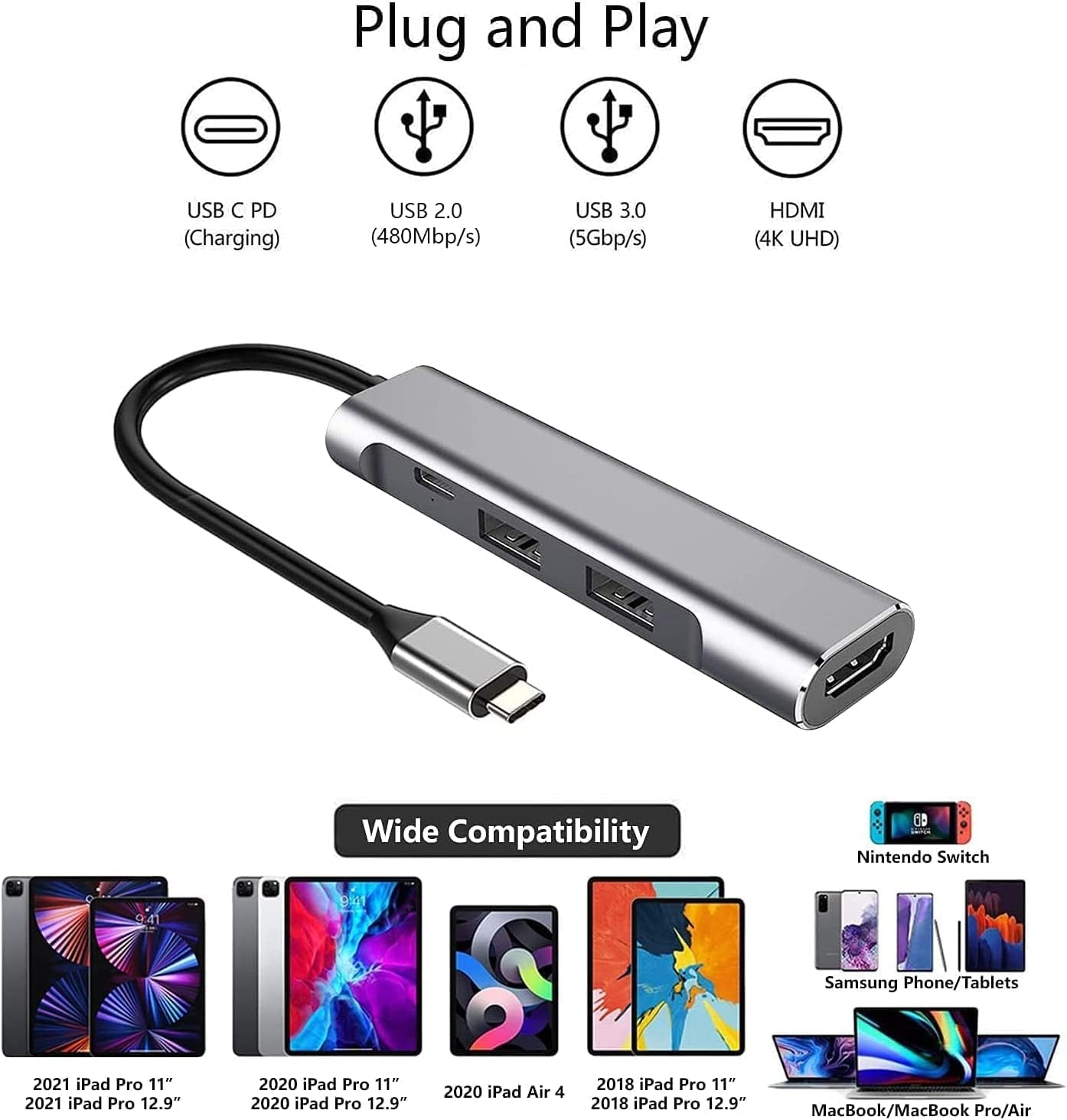 USB Type C to HDMI Digital AV Multiport Hub with PD Charger, USB-C (USB3.1) Adapter for OLED Switch/Nintendo Switch, Portable 4K HDMI Dock for Samsung Dex Station