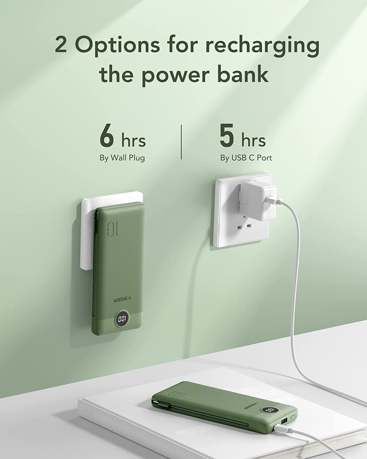 Slim USB C Portable Charger with Built-in Cables - Fast Charging Power Bank for iPhones, iPads, Samsung, and More, with Wall Plug and 10000mAh Capacity (Green)