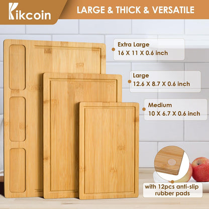 Bamboo Cutting Boards for Kitchen - Set of 3 - Featuring Built-In Compartments, Juice Groove, Heavy-Duty Serving Tray Butcher Block, Carving, and Chopping Tasks