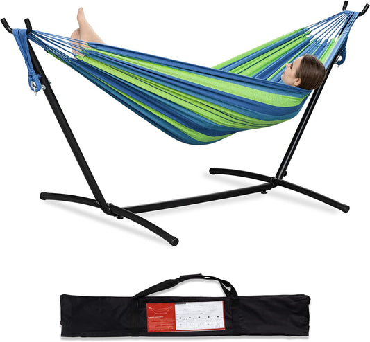 Outdoor Hammock Set with Steel Stand - Double Hammock, 450Lb Capacity, Space Saving Design, and Portable Carrying Bag (Blue)