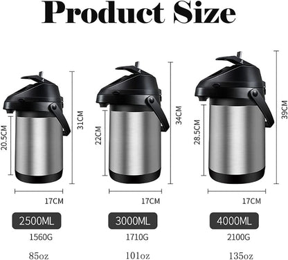 Commercial Grade 135 Oz & 4L Airpot Thermal Coffee Dispenser with Pump, Double Walled Insulated Stainless Steel Beverage Thermos, Lever Action for Hot or Cold Water, Airpot Coffee Carafe for Maintaining Optimal Temperature