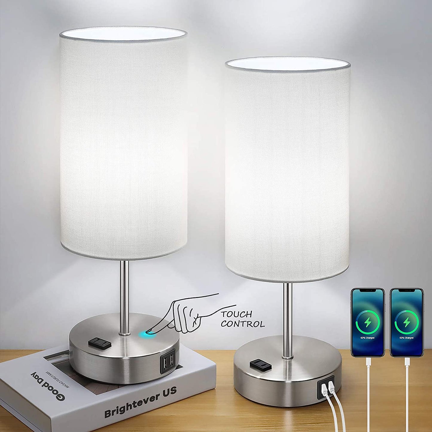 Set of 2 Touch Control Table Lamps with USB Charging Ports, AC Outlet, 3-Way Dimmable Functionality with White Fabric Lampshade and A19 LED Bulbs