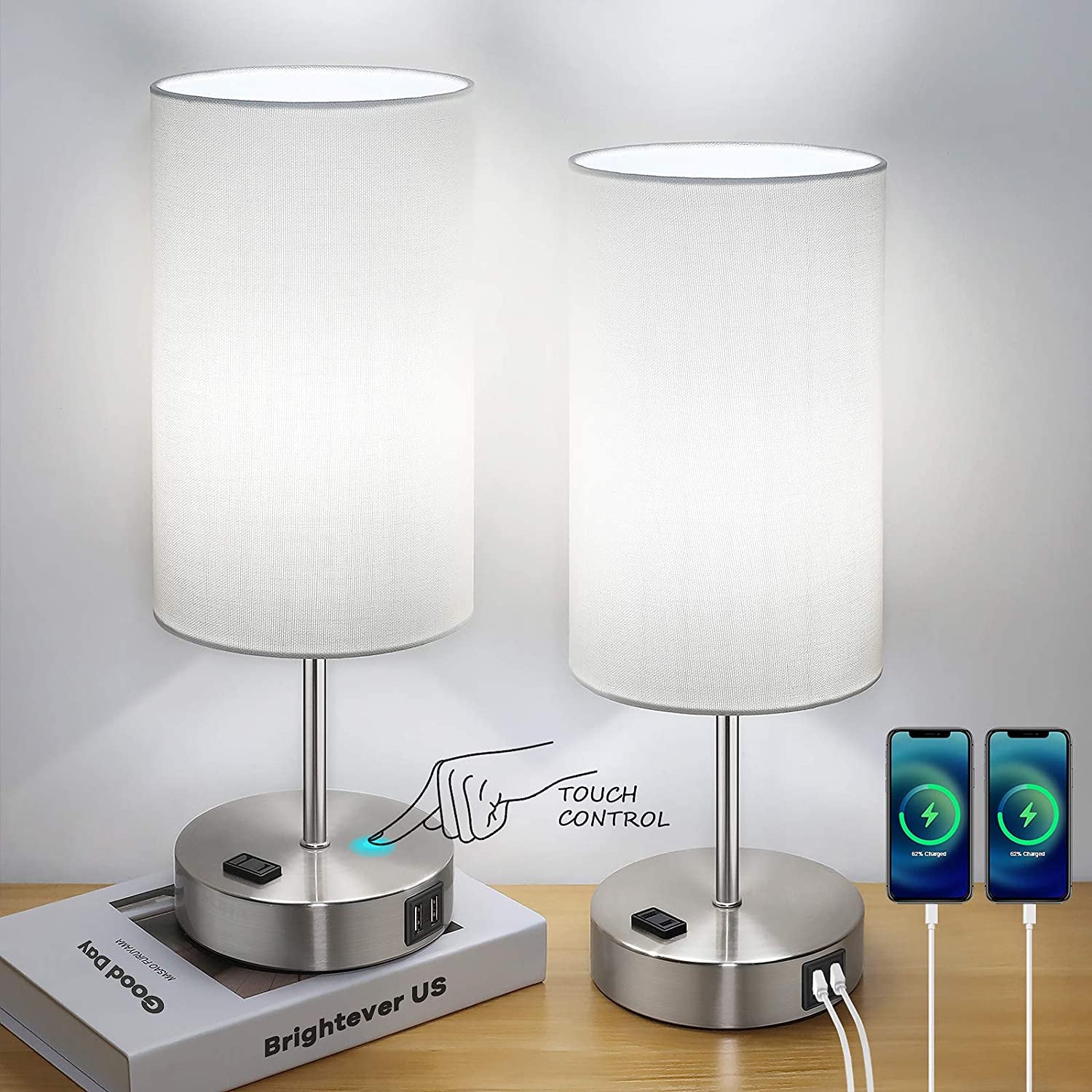 Set of 2 Touch Control Table Lamps with USB Charging Ports, AC Outlet, 3-Way Dimmable Functionality with White Fabric Lampshade and A19 LED Bulbs