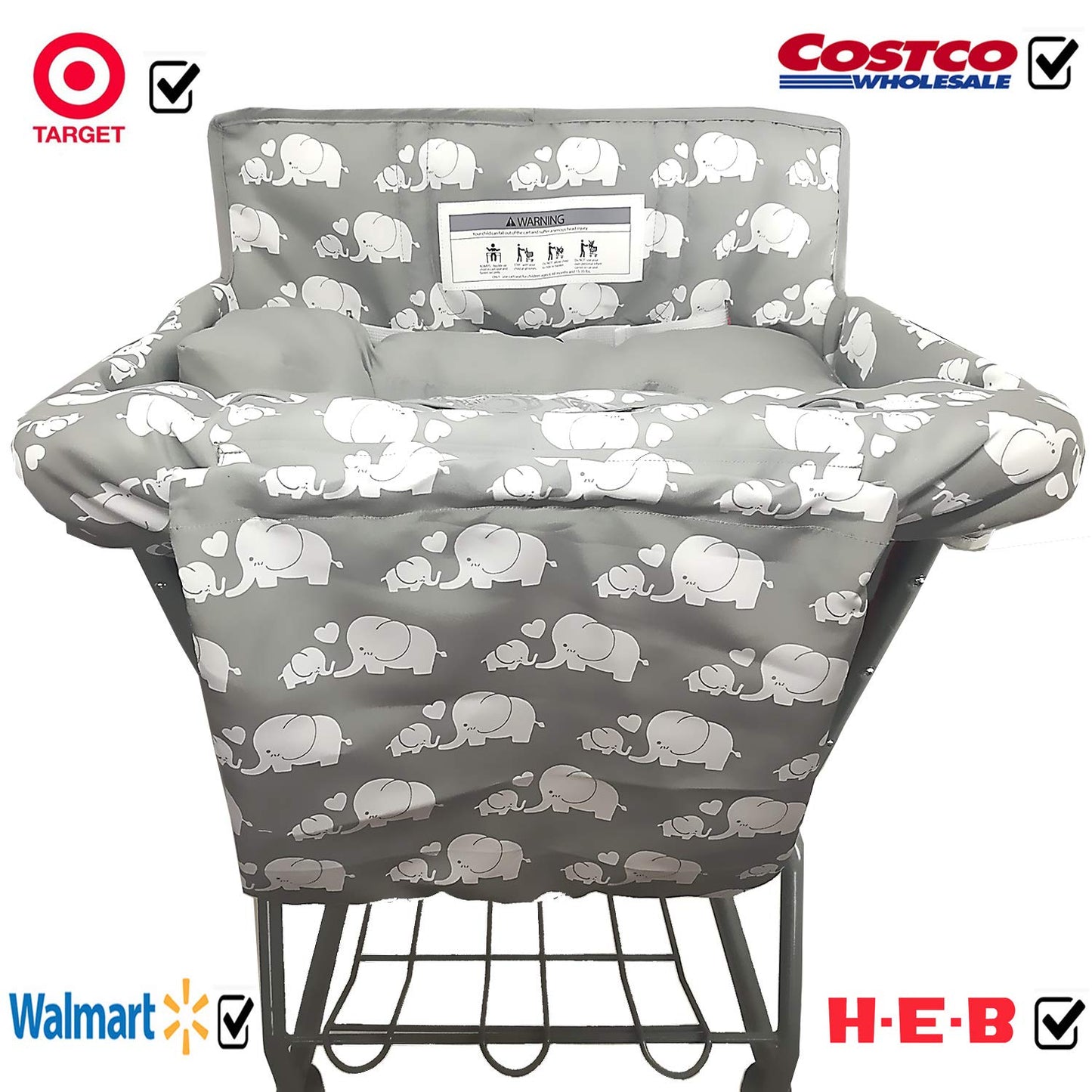 Soft Pillow Attached 2-In-1 Shopping Cart and High Chair Cover for Baby~Padded~Fold'N Roll Style~Portable with Free Carry Bag (Elephant)