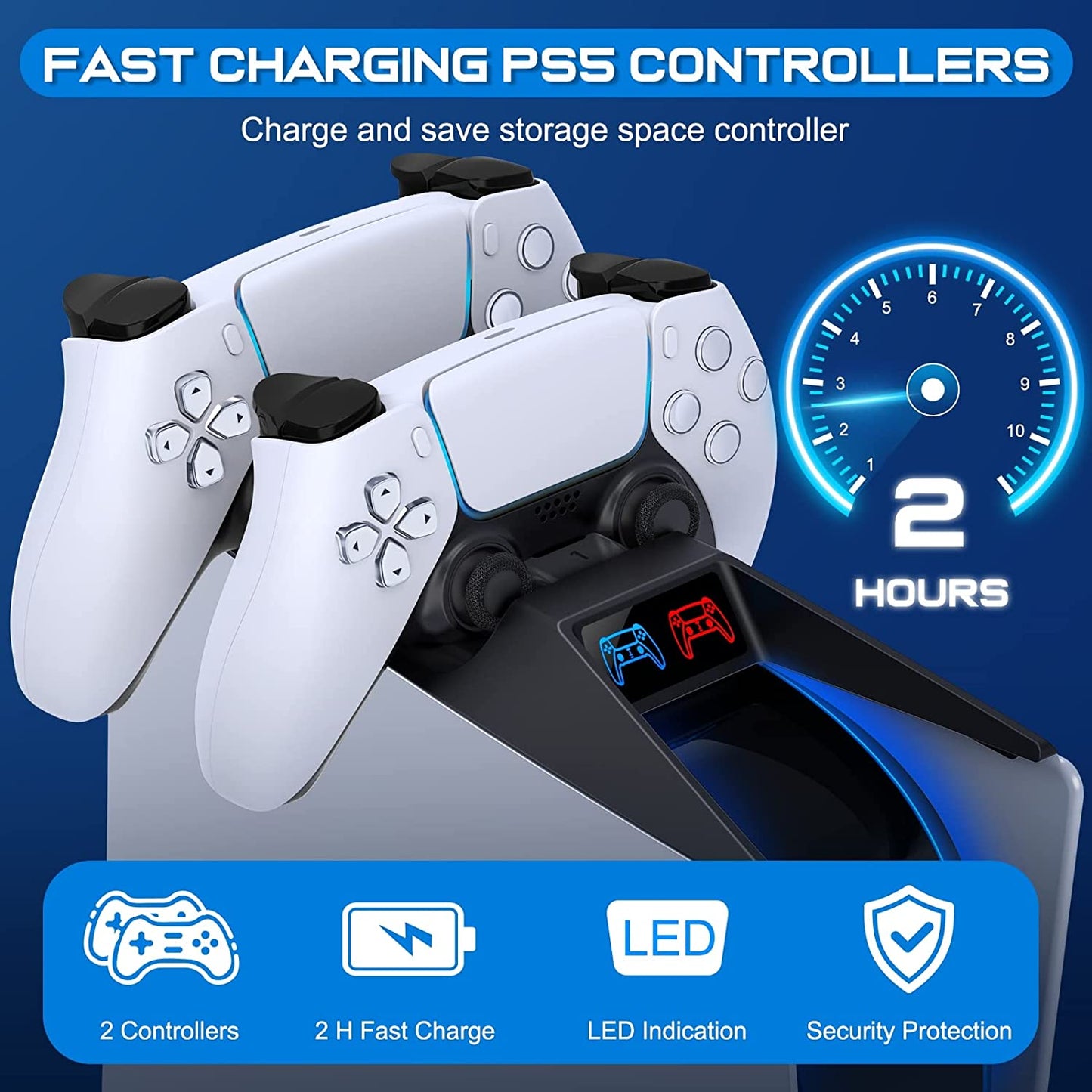 Professional PS5 Dualsense Controller Charging Station with Fast Charging Cable - Top Mount PS5 Console Charger Dock in Black