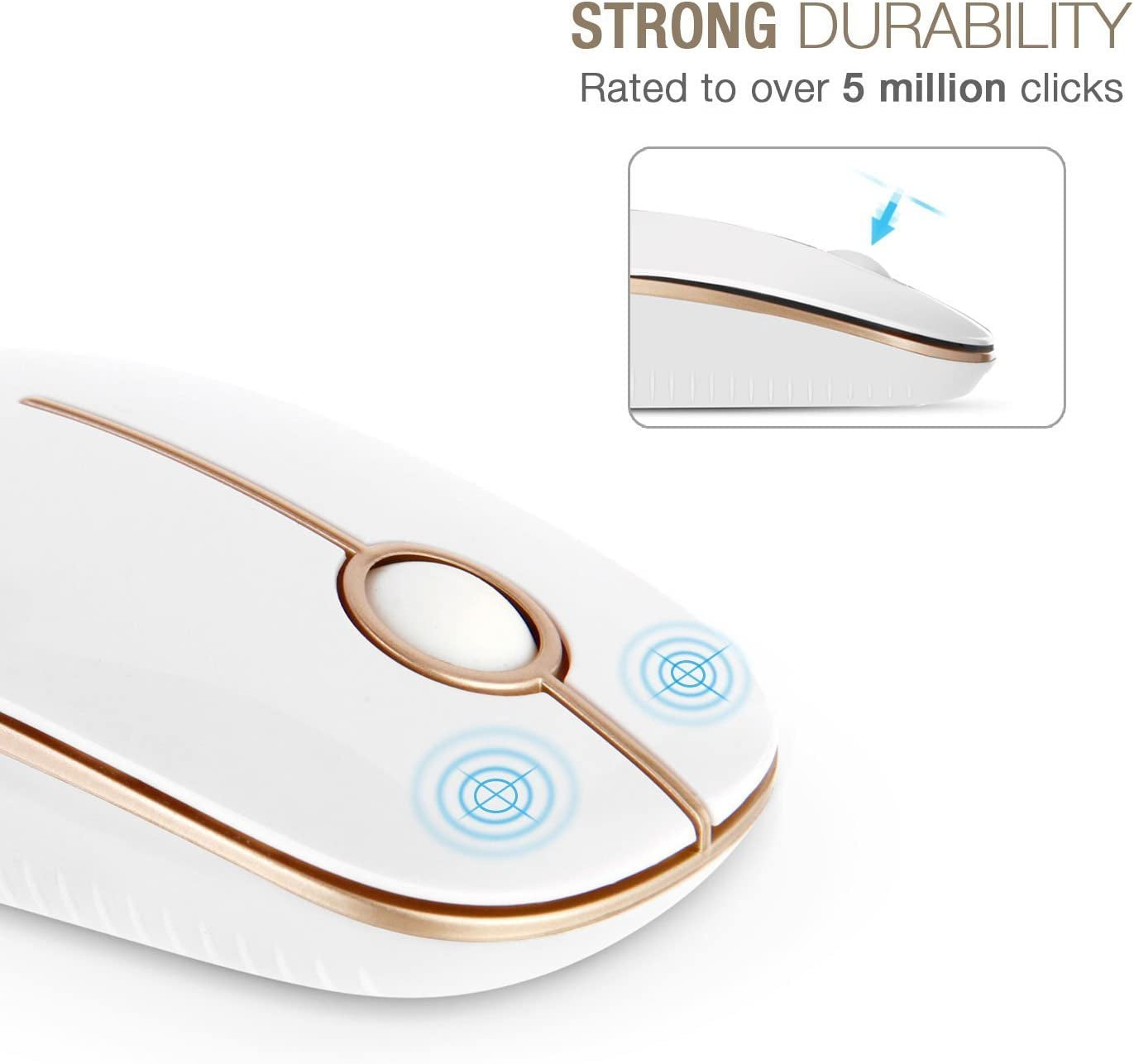 Slim and Portable 2.4G Wireless Mouse with Nano Receiver for Notebook, PC, Laptop, and Computer - White and Gold