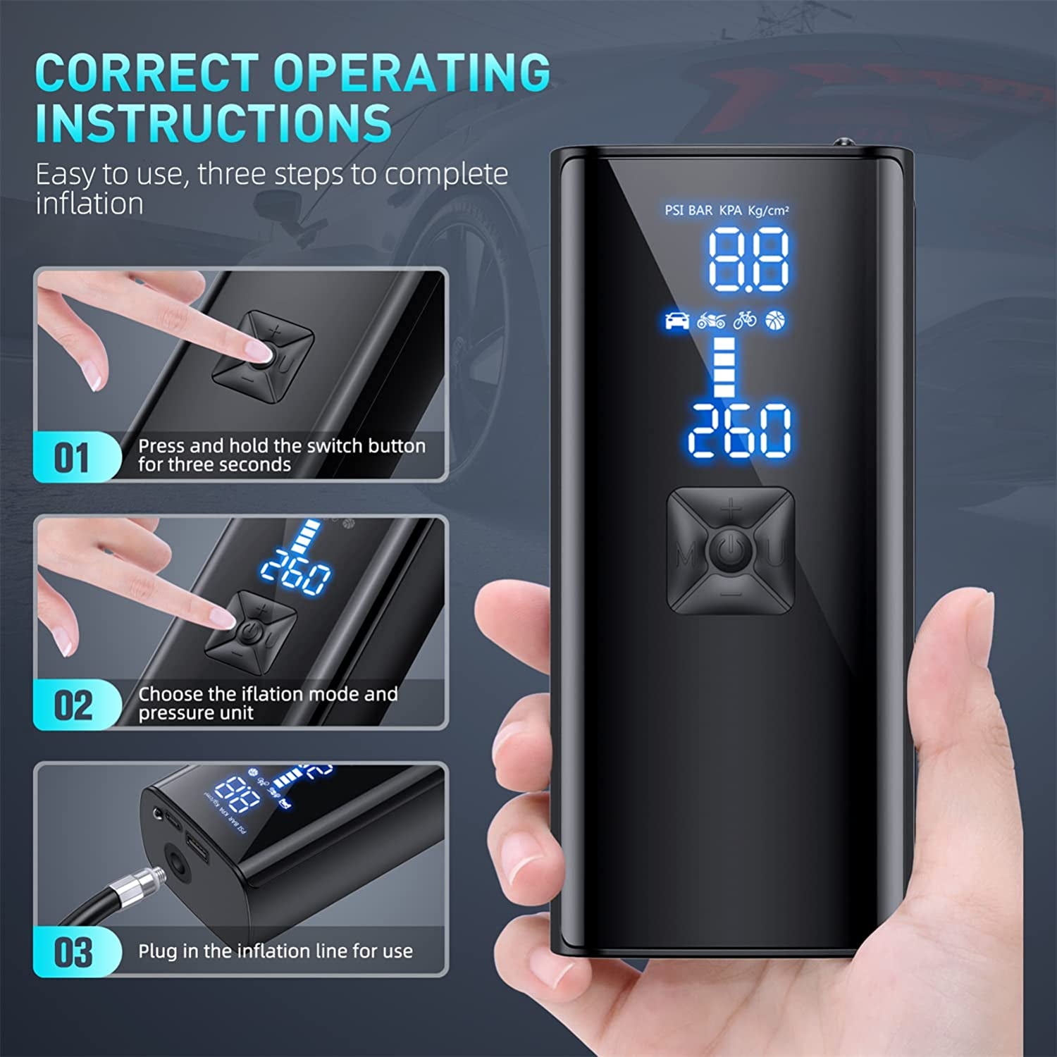 Portable Tire Inflator: 150PSI Air Compressor with 25000mAh Battery, Rapid Inflation, Digital Pressure Gauge - Suitable for Car, Bicycle, Motorcycle, and Sports Ball