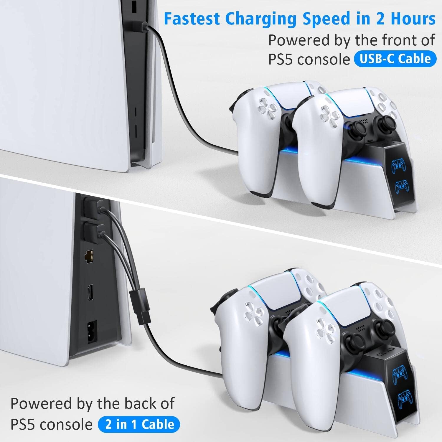 Dualsense Controller Charging Station for PS5 - Fast Charging Docking Station with 2 Replacement Cords for Sony Playstation 5 Controller and Remote Control