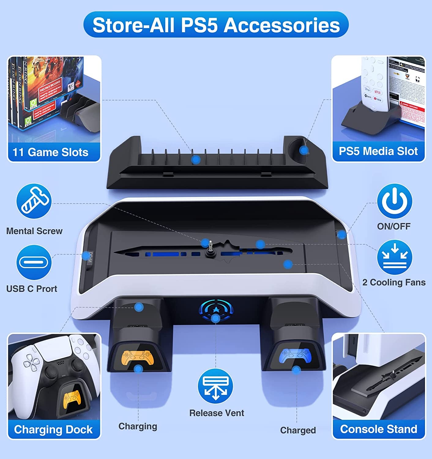 Professional PS5 Stand with Cooling Station, Dual Controller Charger, and Accessories for Playstation 5 Console - Includes 5V/3A Adapter, Cooler Fan, Charging Dock, and Game Holder (Black)