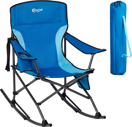 Portable Folding Outdoor Rocking Chair with High Back, Cup Holder, Side Pocket, and Carry Bag - Supports up to 300 lbs (Blue)