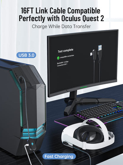 16FT High-Speed Data USB-C to USB-A 3.0 Transfer & Charging Link Cable, Compatible with Oculus/Meta Quest 2/PICO 4, Quest Pro & Pc/Steam VR 