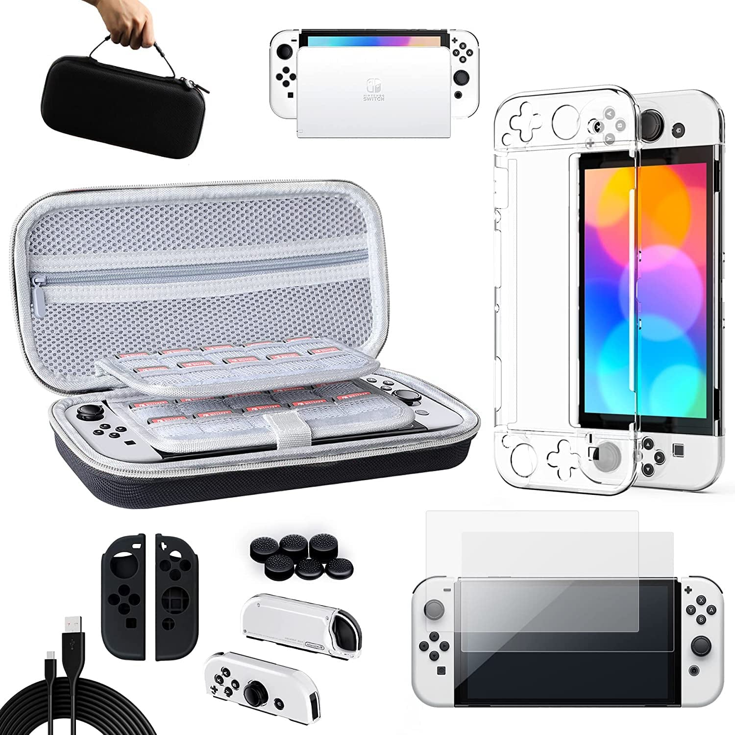 14-in-1 Accessories Kit for Nintendo Switch OLED Model 202, Includes Case, Clear Cover, Screen Protector, Silicone Joy-Con Skin, Thumb Grip Caps, USB Cable and More