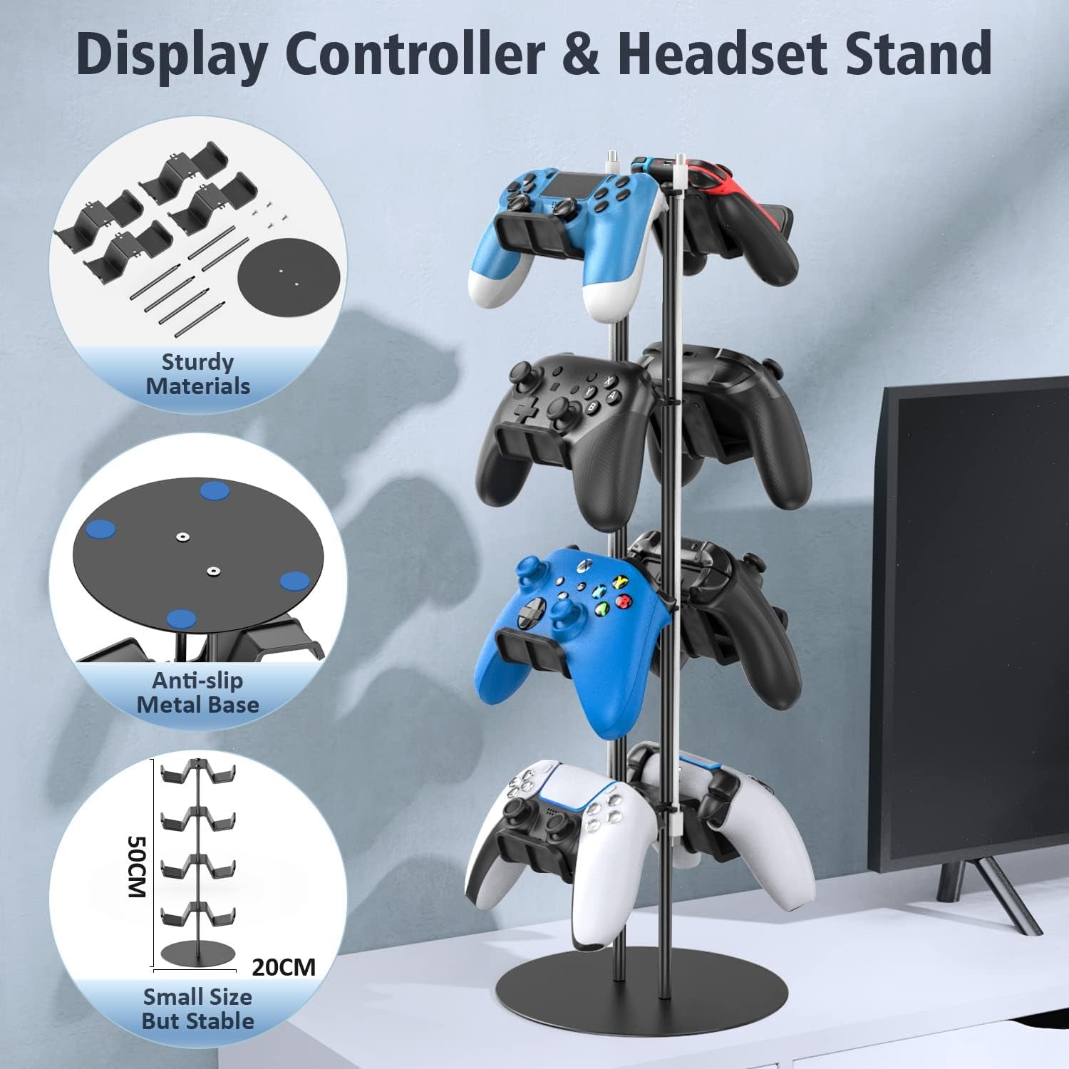 4-Tier Controller Stand with Cable Organizer for Desk - Universal Display Stand for Xbox, PS5, PS4, Nintendo Switch - Includes Headset Holder and Desk Mounts for 8 Controllers