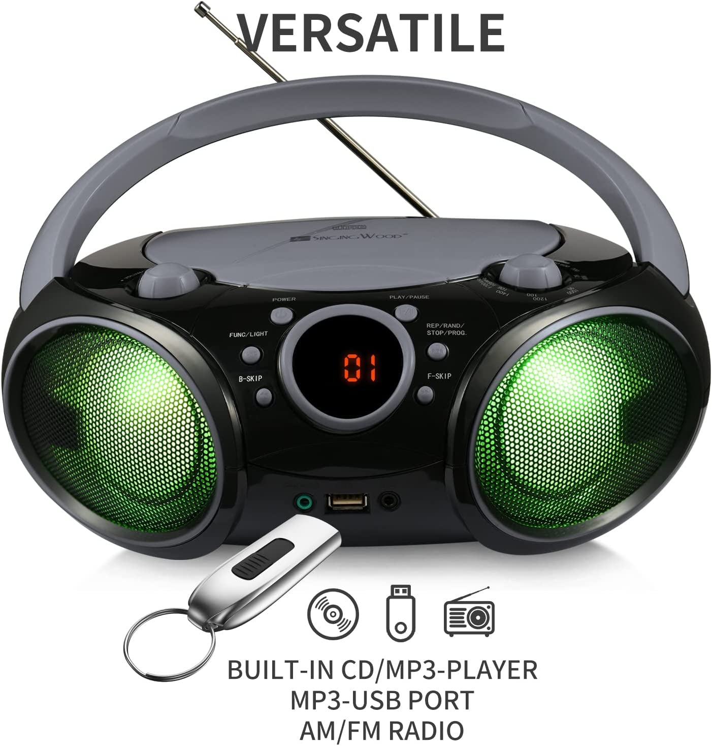 Portable CD Boombox with Bluetooth, USB, MP3 Player, AM/FM Radio, AUX Input, Headset Jack, and LED Backlit Display (Phantom Black)