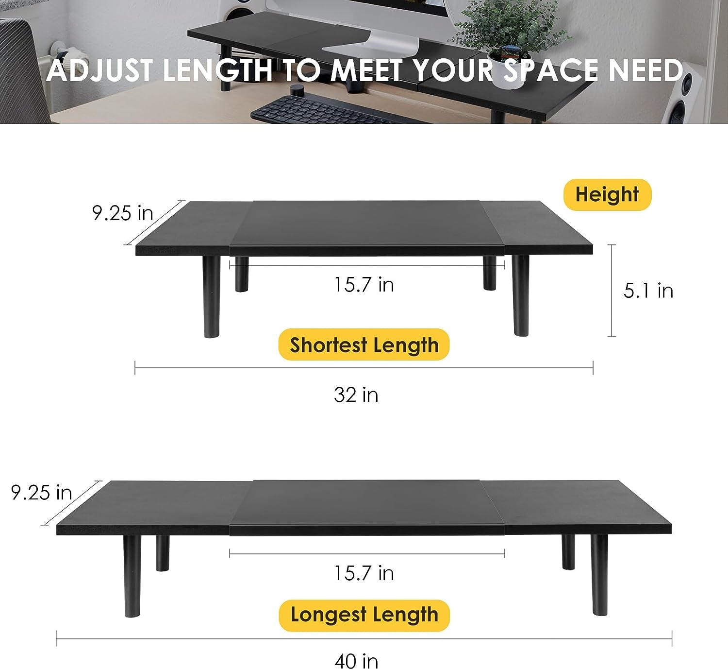Adjustable Dual Monitor Stand Riser for Desk, Large Size, 32-40 Inch Screens, Desktop Organizer Shelf Stand for Computer, Laptop, PC, Tv