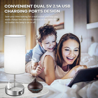 Set of 2 Touch Control Table Lamps with USB Charging Ports, AC Outlet, 3-Way Dimmable Functionality with White Fabric Lampshade and A19 LED Bulbs