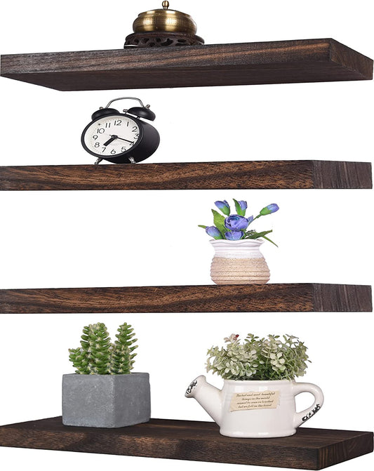Set of 4 Brown Rustic Wood Floating Shelves for Wall Decor - Farmhouse Wooden Wall Shelf for Bathroom, Kitchen, Bedroom, and Living Room